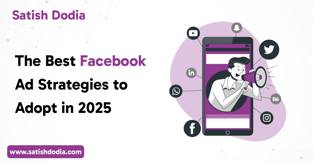 Graphic showing top Facebook ad strategies and trends for 2025 with digital marketing icons.