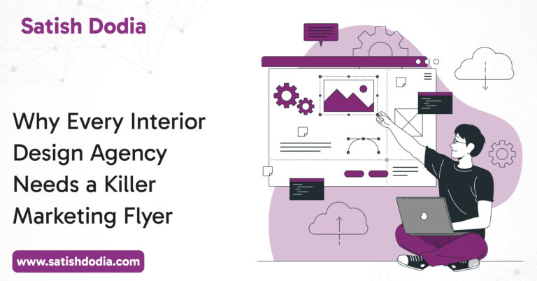 Marketing flyer design for interior design agency showing services and contact details
