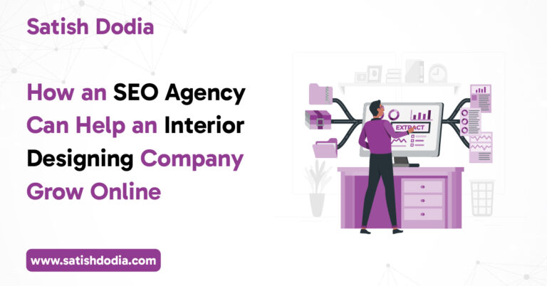 Interior designer working on a digital strategy with SEO charts and a website on screen