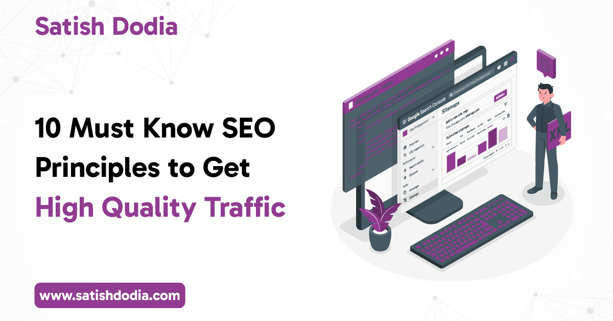 Illustration showing top SEO principles for getting high-quality website traffic