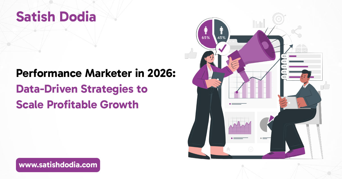 Performance marketer analyzing data dashboards and running AI-driven ad campaigns for scalable business growth in 2026