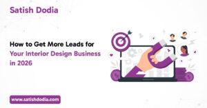 Interior designer working on project with laptop and mood board to generate leads in 2026